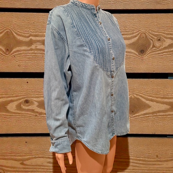 Vintage Country Seat Nuovo Denim Shirt Women’s Small Pintuck Mandarin Collar 90s - Picture 6 of 17